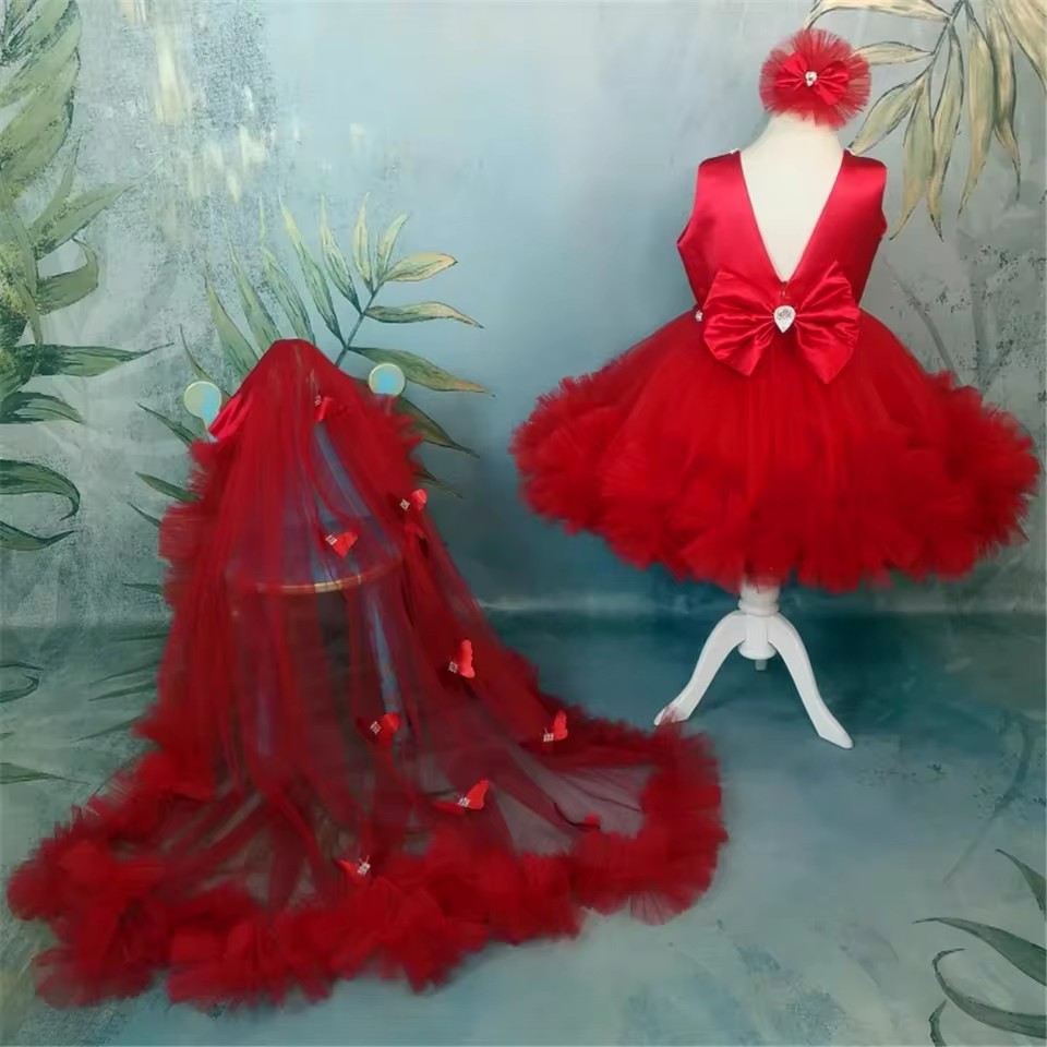 Toddler Girl Tulle Party Dress - 결혼식을위한 맞춤형 빨간 꽃의 소녀 드레스