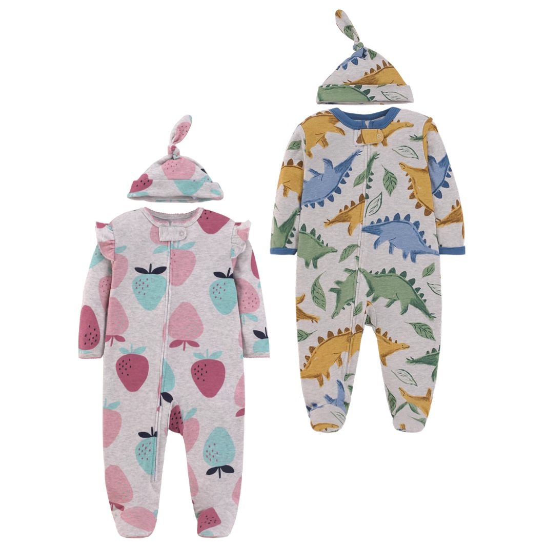 Cotton Baby Onesies Zipper - 신생아 순면 롬퍼 파자마 만화 프린트