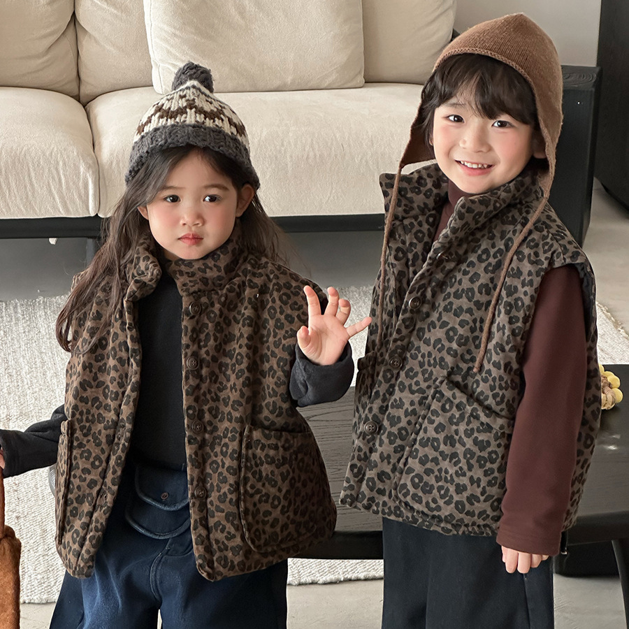 Toddler Boy Winter Fleece Jacket - 어린이 레오파드 프린트 패딩 조끼 겨울용