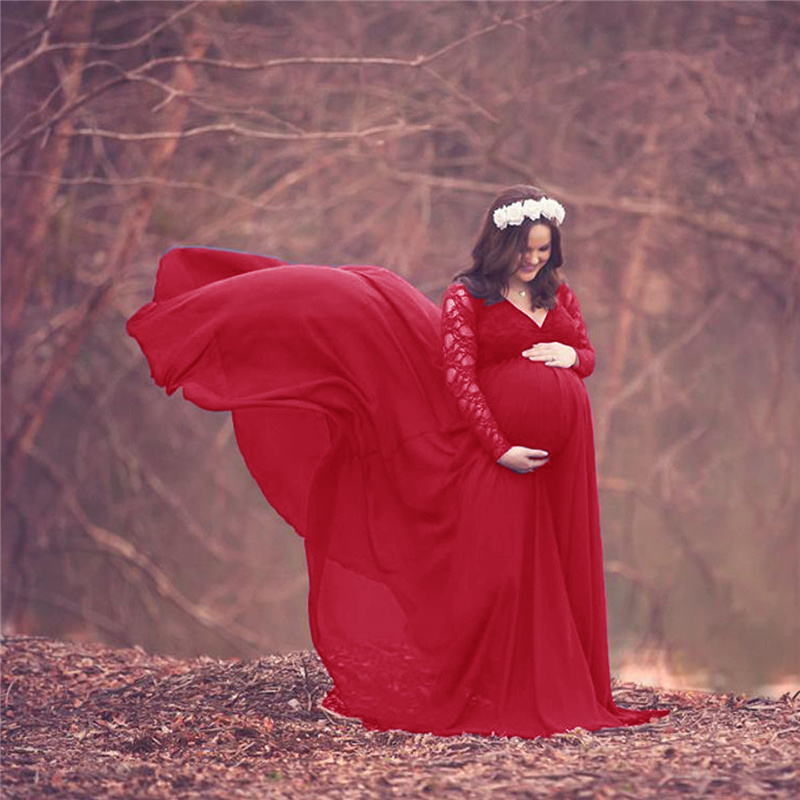 Maternity Wear - 레이스 쉬폰 출산 사진 드레스, 긴팔