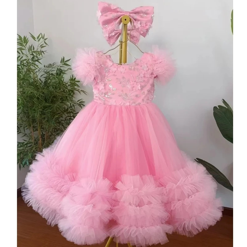 Toddler Girl Tulle Party Dress - 결혼식을위한 맞춤형 핑크 꽃의 소녀 드레스