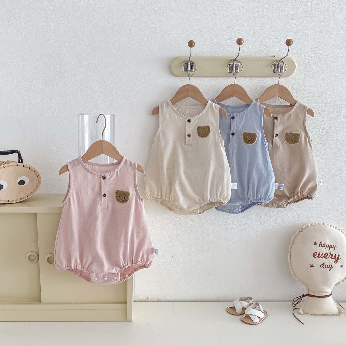 Baby Summer Linen Sleeveless Jumpsuit - 아기 여름 곰 얇은 민소매 점프수트,