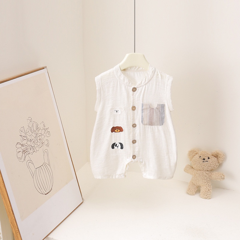 Baby Summer Linen Sleeveless Jumpsuit - 2026 여름 만화 곰 프린트 3M-3Y