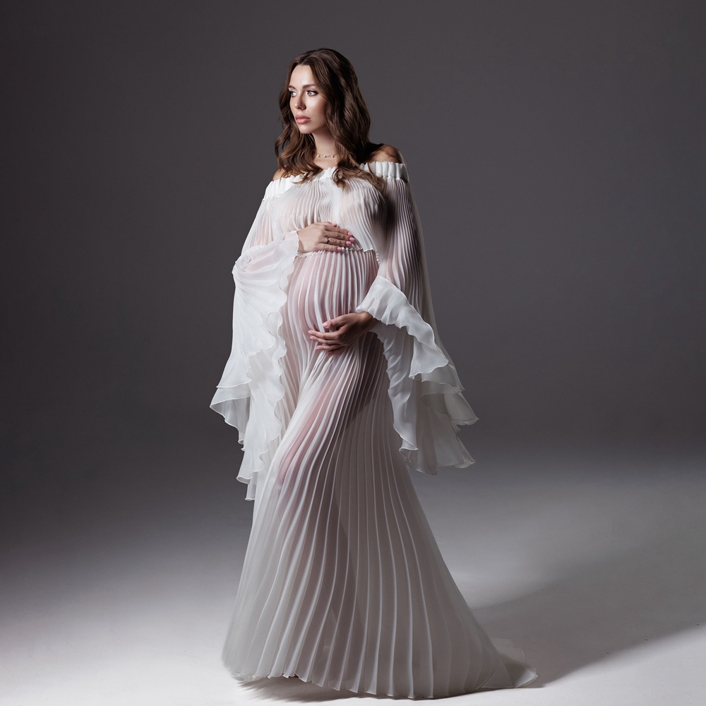 Maternity Wear - 플리츠 임산부 사진 촬영 드레스 화이트