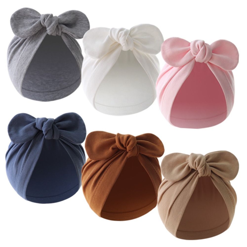 Infant Beanie Hat With Ears - 귀여운 꽃 매듭 아기 모자 단색