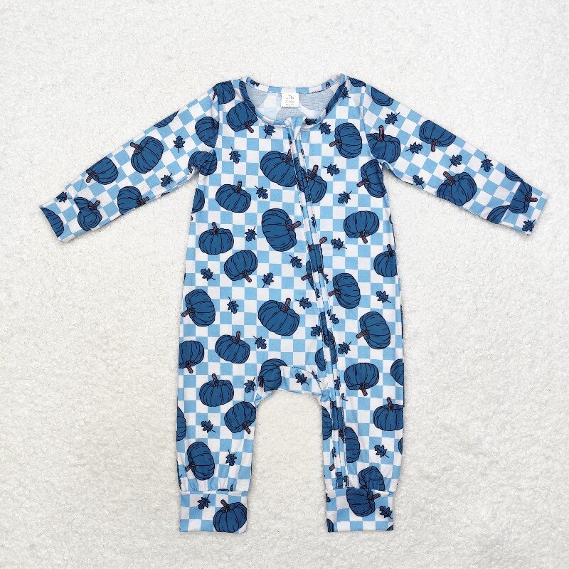 Cotton Baby Onesies Zipper - 8.21 대나무 플라이 블루 호박잎 체크