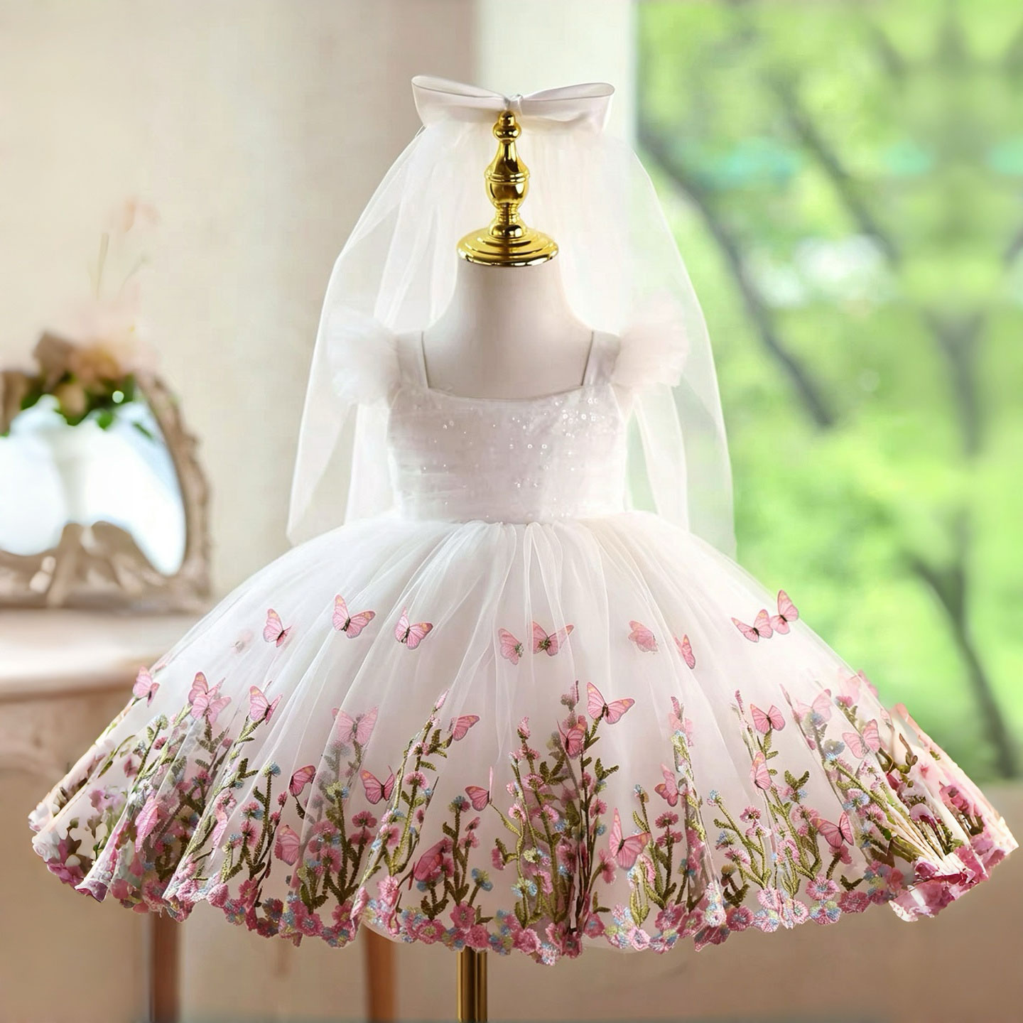 Jill Wish D277 흰색 나비 자수 플라워 걸  - Toddler Girl Tulle Party Dress 리뷰 및 가격