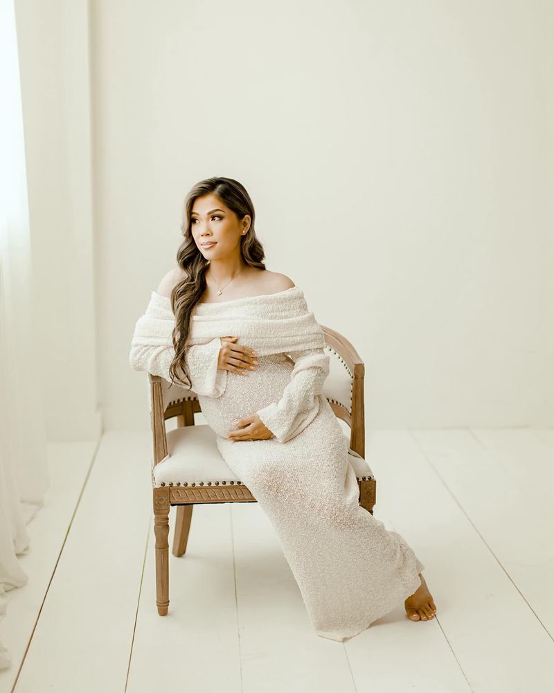 임신 사진 촬영 드레스 긴 소매 니트 오프 숄더 맥시  - Maternity Wear 리뷰 및 가격